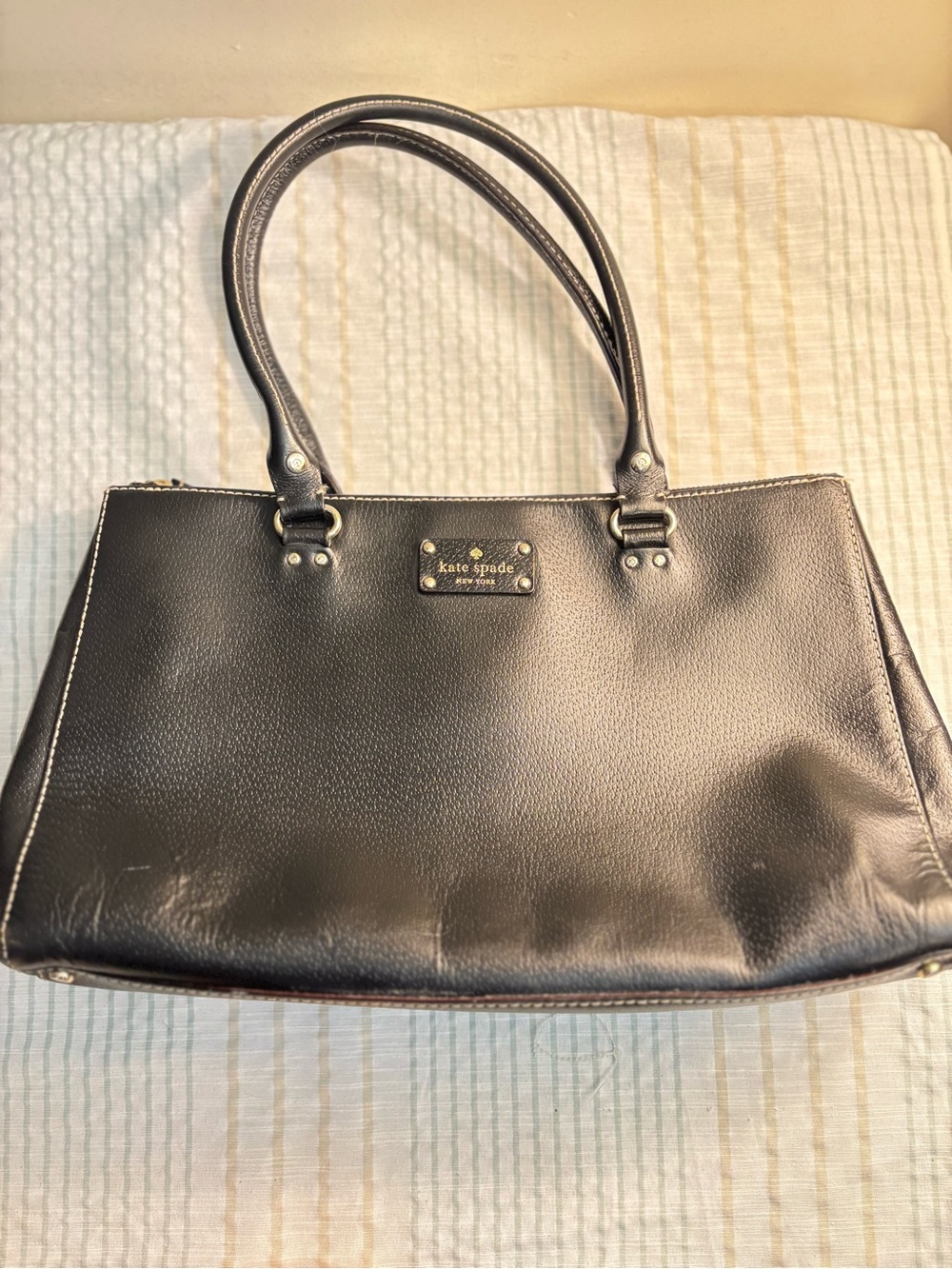 kate spade Black Pebbled Leather Tote with Gold Logo Plaque